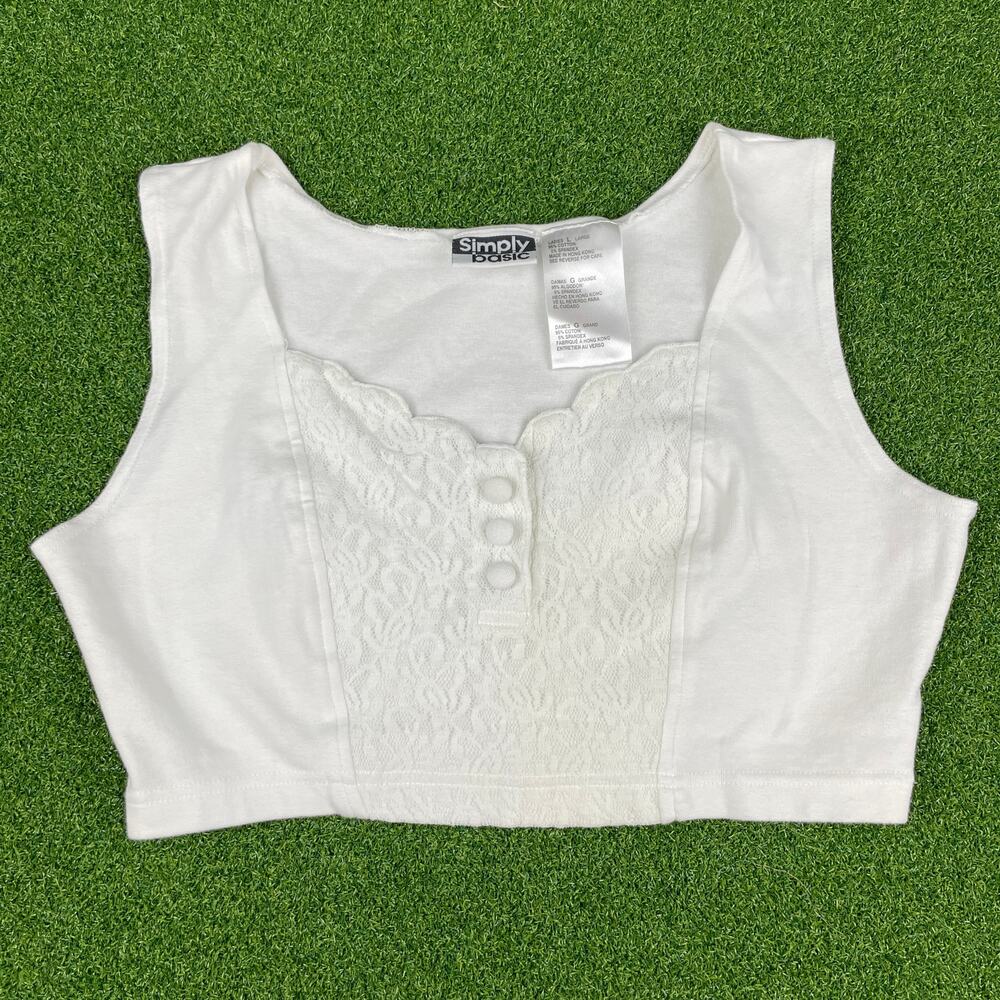 Simply Basic White Lace Trim Knit Summer Henley Cropped Tank Top Sz L